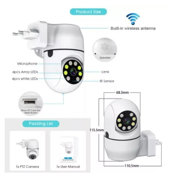 Câmera de Segurança Wi-Fi com Plug de Tomada Visão Noturna Zelv Shield