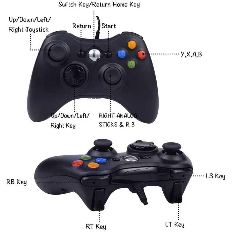 Controle USB com fio para Xbox 360, controle de jogos para PC, joystick portátil