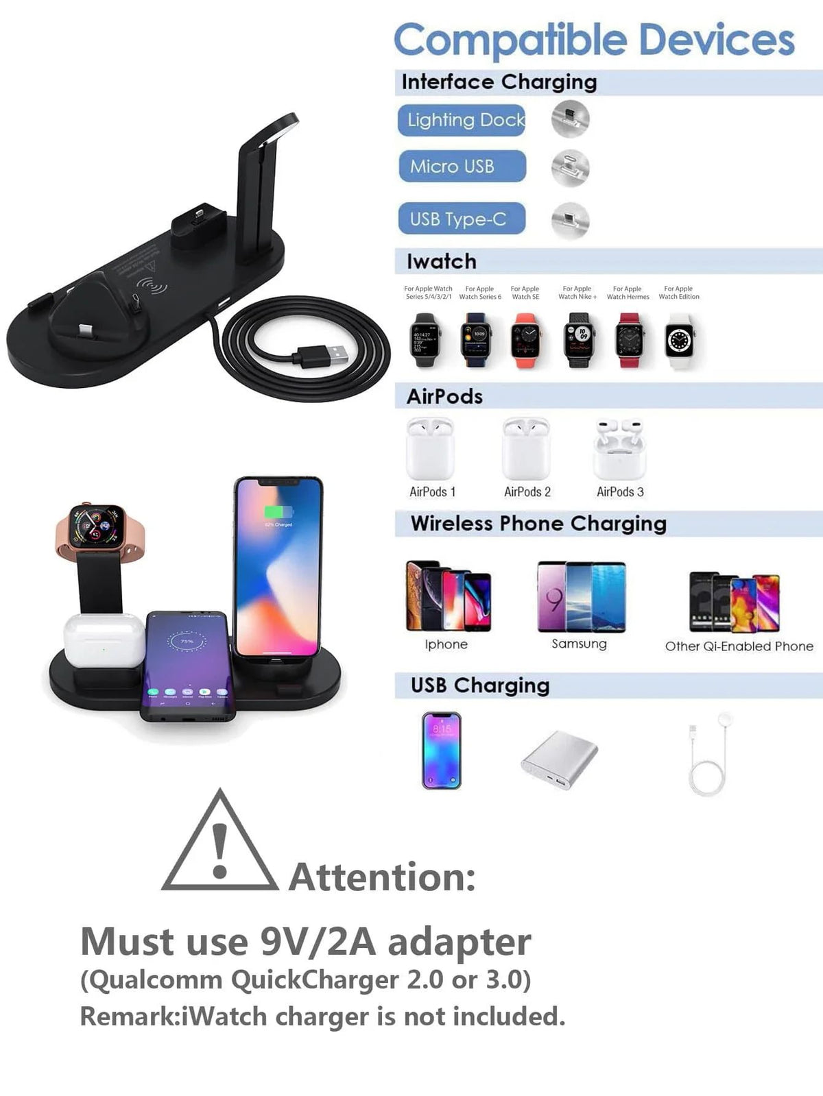 Carregador Sem Fio Dock Station 7 em 1 - Rápido & Multifuncional