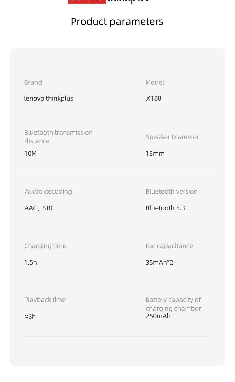 Fone de Ouvido Bluetooth Lenovo Thinkplus XT88 TWS